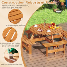 Load image into Gallery viewer, Ensemble Table de Pique-Nique en Bois pour 2  8 Personnes Set Table et Banc Circulaire avec 4 Bancs Intgrs Trou de Parasol de 5cm Marron/Jaune -