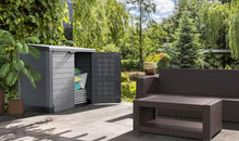 Load image into Gallery viewer, Duramax StoreAway 1200L Plastic Garden Shed/ Flat Lid,Outdoor Storage Shed,Wheelie Bin Hideaways,Wheelie bin box,Durable Construction,Ideal for Bikes,BBQs &amp; 2x 240L Bins,145x85x125 cm,Brown