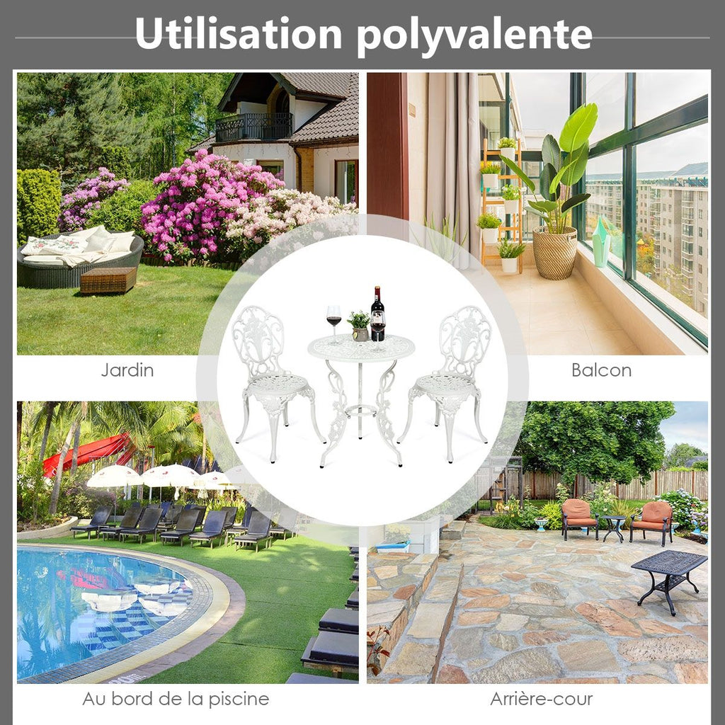 Ensemble Table et 2 Chaises pour Jardin en Aluminium en Forme de Rose Blanc Rsistant aux Intempries -