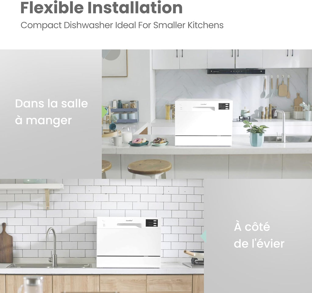 COMFEE' TD602E-W Lave-vaisselle compact pose libre, écran LED, 6,5 litres, blanc, niveau sonore : 47 dB