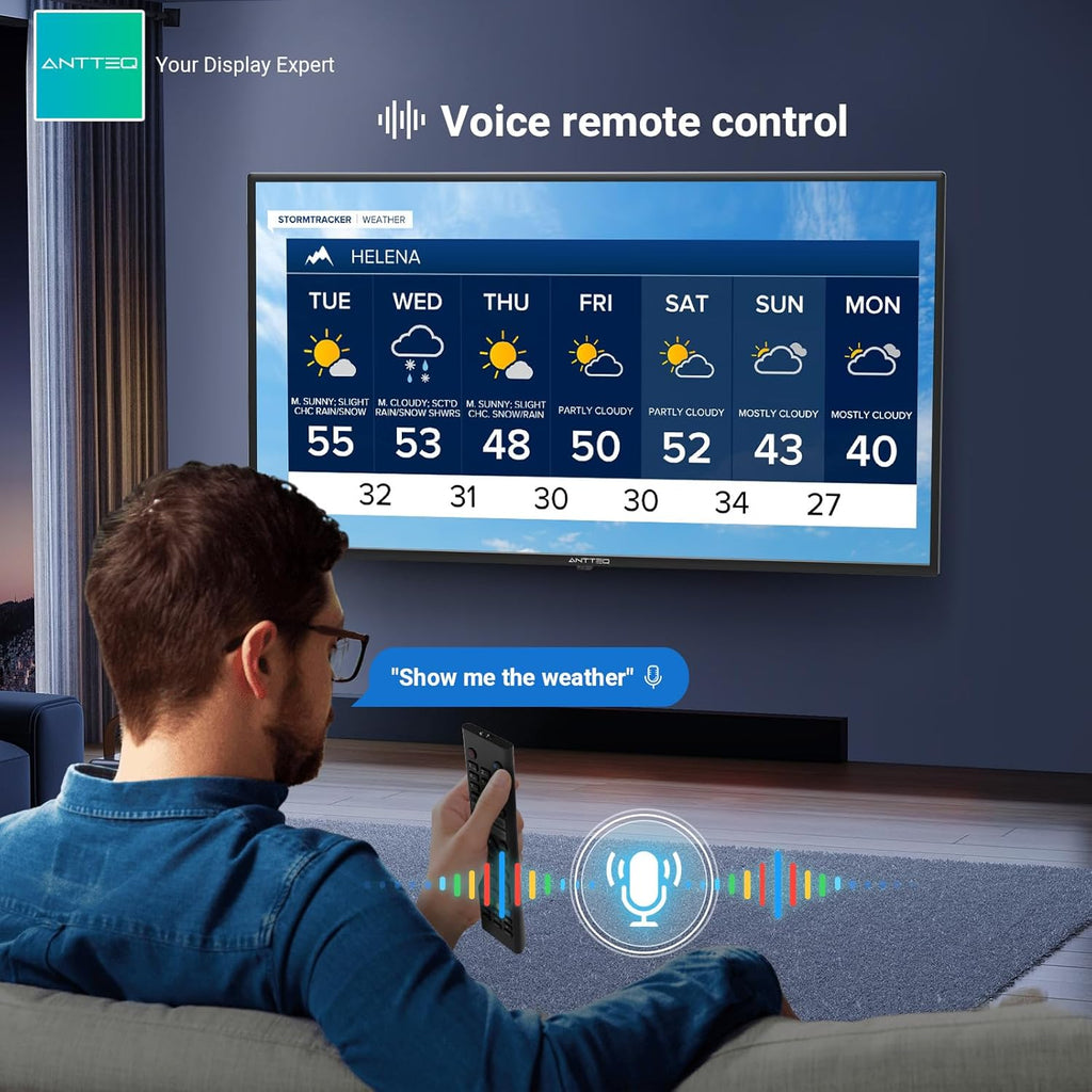 Antteq G24 Smart TV 24 Pouces (60 cm) Television 220/12V Bluetooth compatibilité avec Google Assistant Triple Tuner (DVB-S2/T2/C) WiFi Bluetooth HDMI USB Miroir d’Écran Idéal Camping