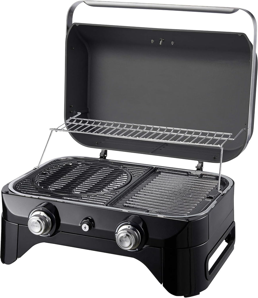 Attitude2go,Barbecue de Table à Faible fumée,BBQ Portable,à Couvercle,thermomètre,et Grille en Fonte,Alimentation : Cartouche de gaz CV 470 Plus,Gris