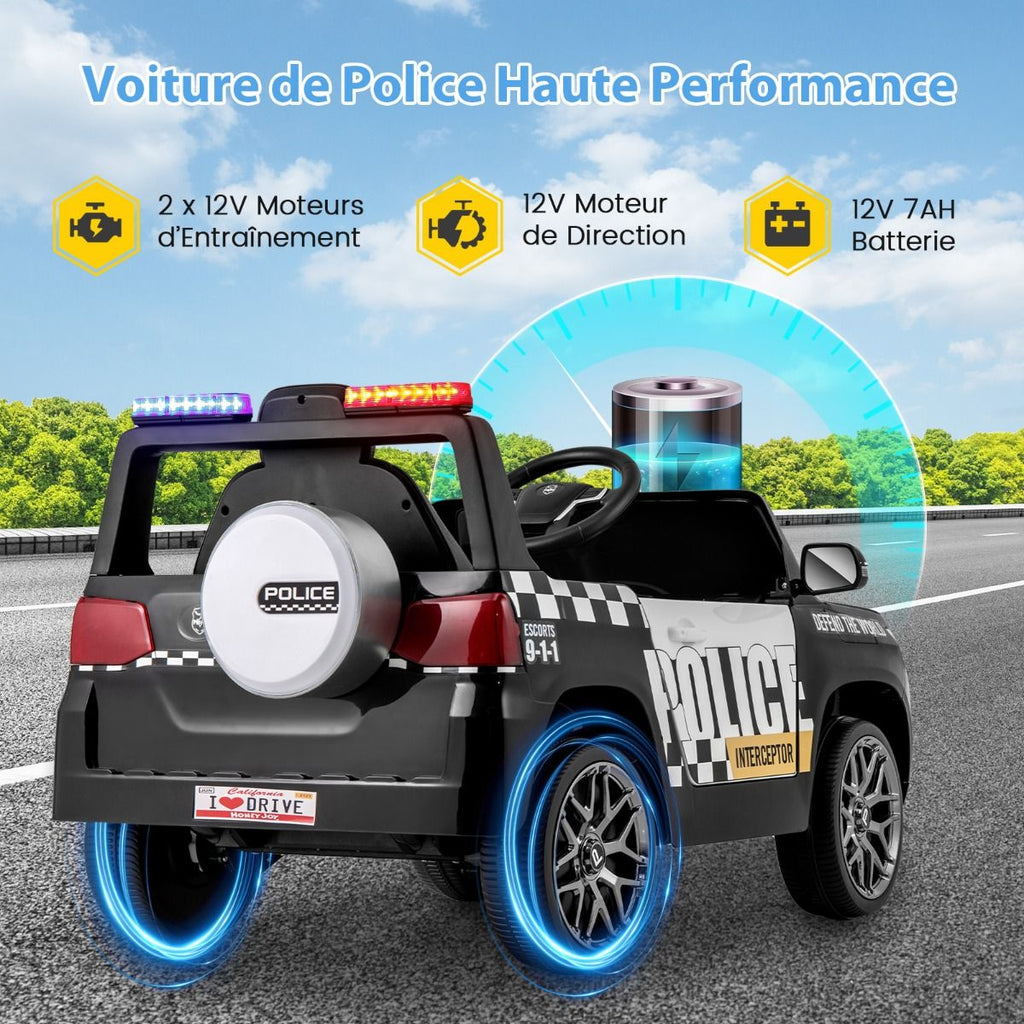 Voiture de Police Electrique Alimentée par Batterie 12 V/7 A Télécommande Connexion Sans Fil Musique Klaxon Sirène Lumières LED Blanc -