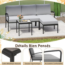 Load image into Gallery viewer, Ensemble Salon de Jardin 3 Pièces Ensemble de Canapé Rembourré d’Extérieur avec Table Basse Cadre en Métal Robuste Gris -