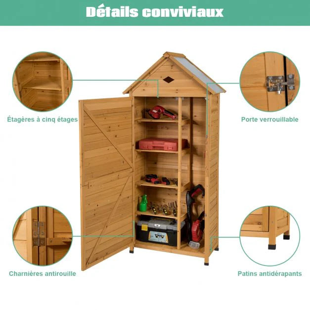 Abri de jardin extrieur  5 etagres cabane verrouillable en bois de sapin toit en tle galvanise 20_0005485 -