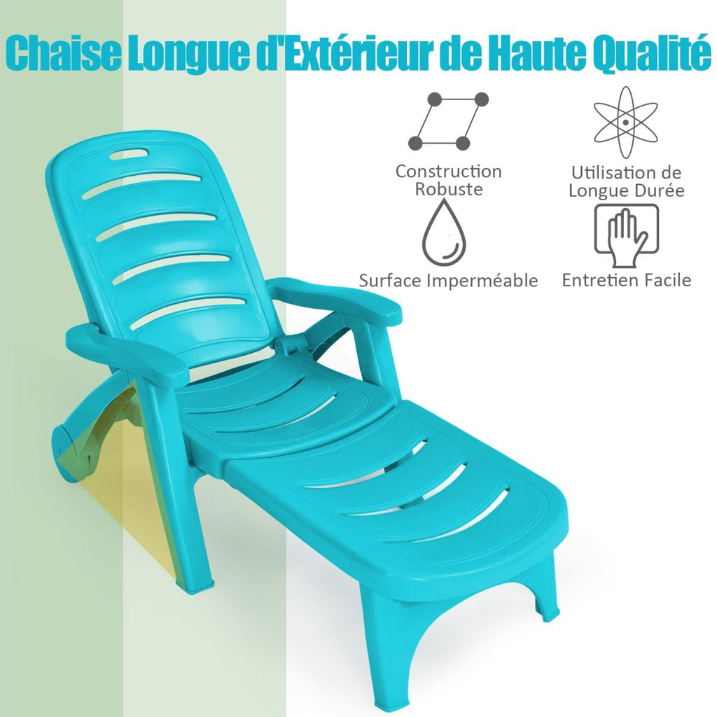 Chaise Longue Pliable Dossier Inclinable  5 Positions avec Roues Intgres pour Terrasse Jardin Piscine 150 kg Gris/Blanc/Bleu -