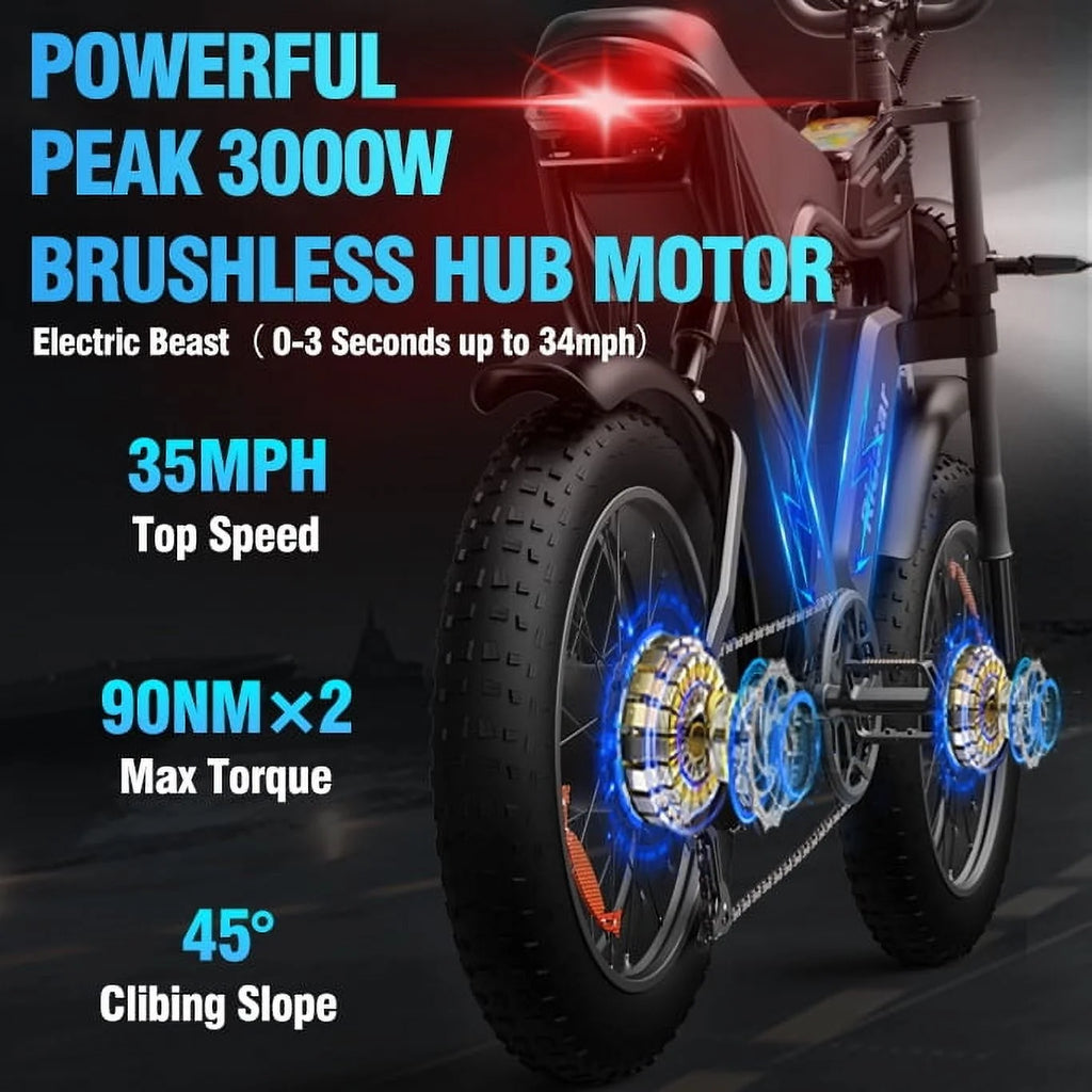 Ridstar Electric Bike for Adults Q20, 1200W 30MPH, 48V 15.6ah Electric Bicycle, 7 Speed Full Suspension Mountain Bike UL2849