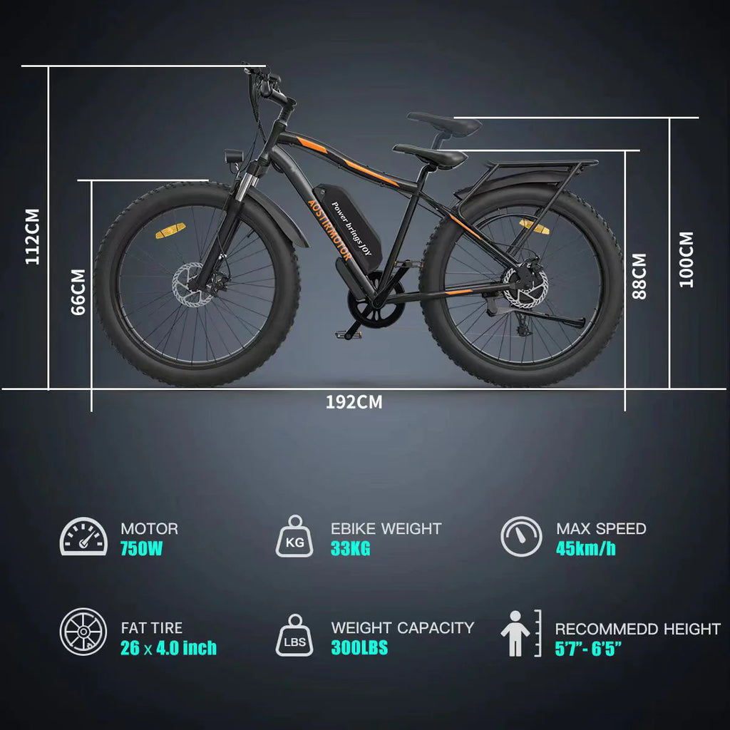 Aostirmotor Electric Mountain Bike, 48V 13AH Removable Lithium Battery 750W Ebike with Rack, 26" 4.0 in Fat Tire Bike, Electric Bicycle for Adults(Black)